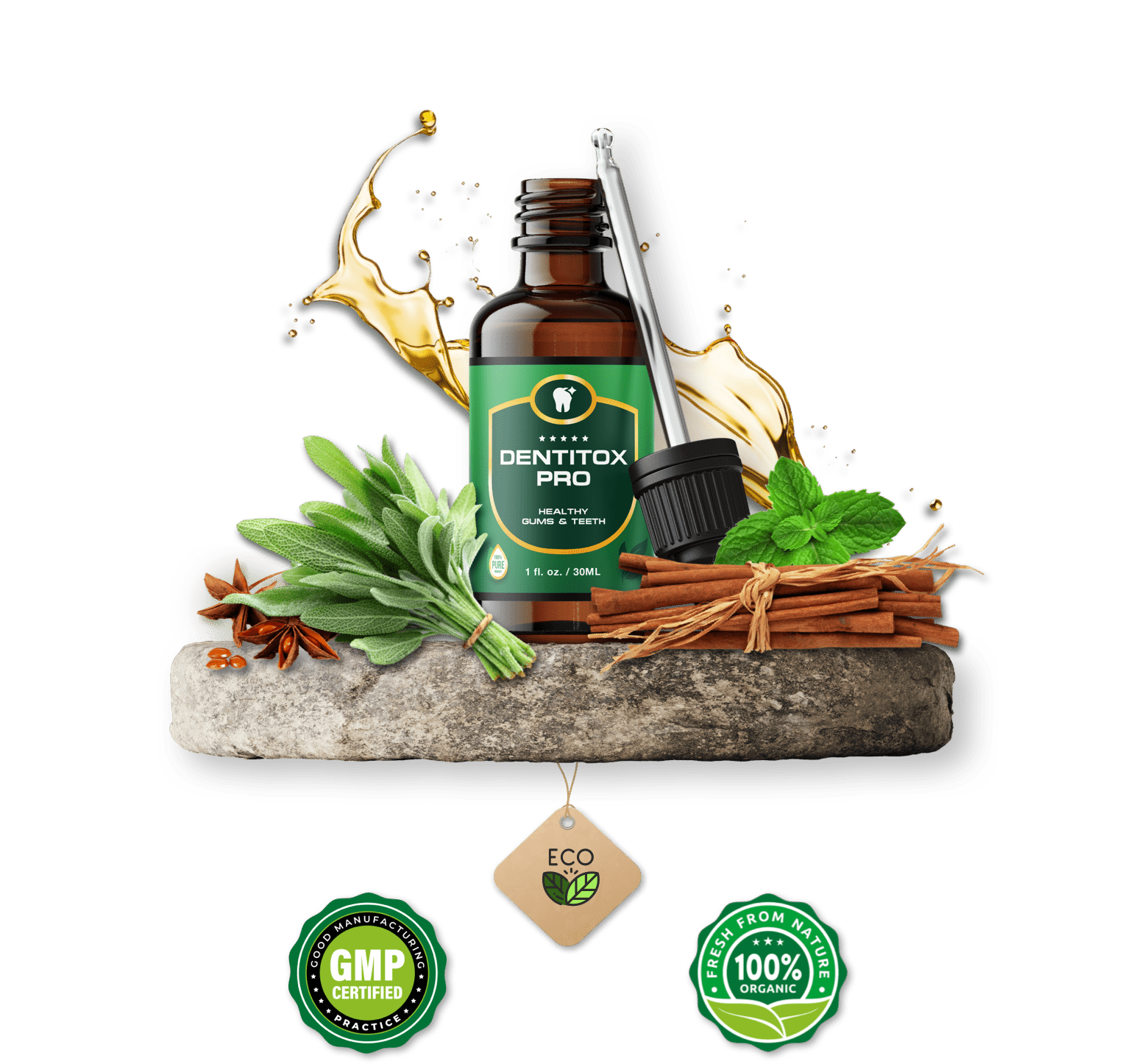 Dentitox Pro liquid drops bottle with dropper, surrounded by sage, peppermint and cinnamon, with GMP-certified and 100% organic badges